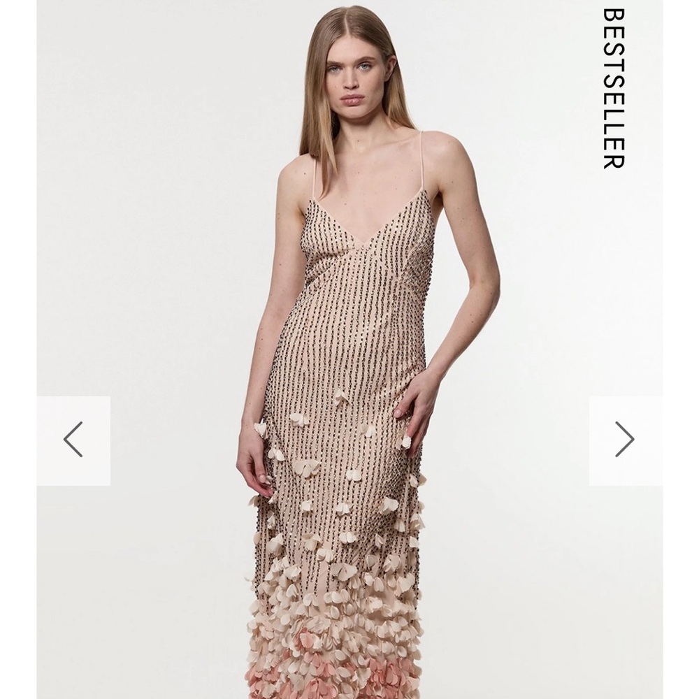 Karen Millen Floral Applique Woven Strappy Maxi Dress Nude Rose Gold Sequin Gown